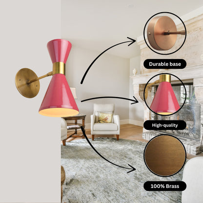 Pink Double Cone Vintage Wall Light - Mid-Century Modern Brass Wall Sconce