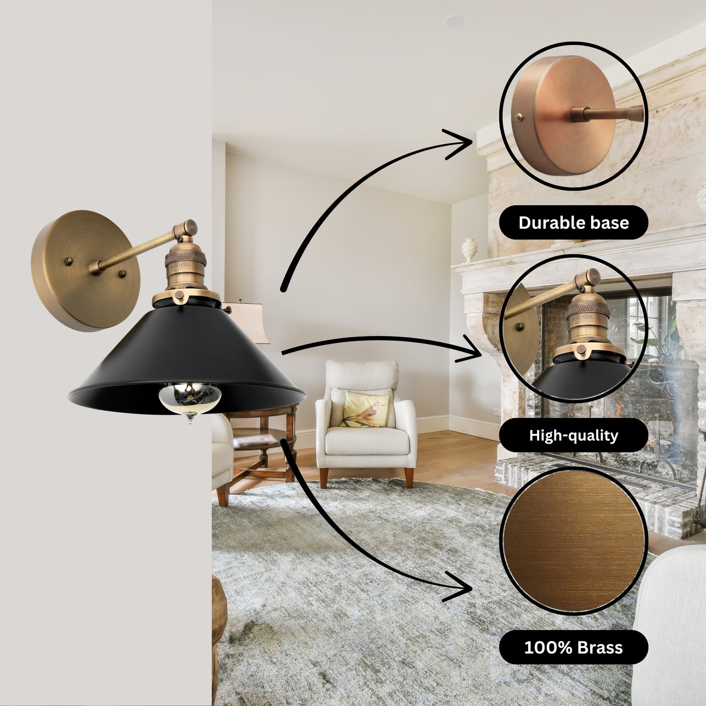 Handmade Brass Wall Sconce – Mid Century Modern Black & Antique Cone Light