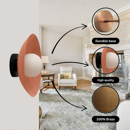 Peach & Black Dome Brass Wall Sconce – Mid-Century Modern Vintage Light