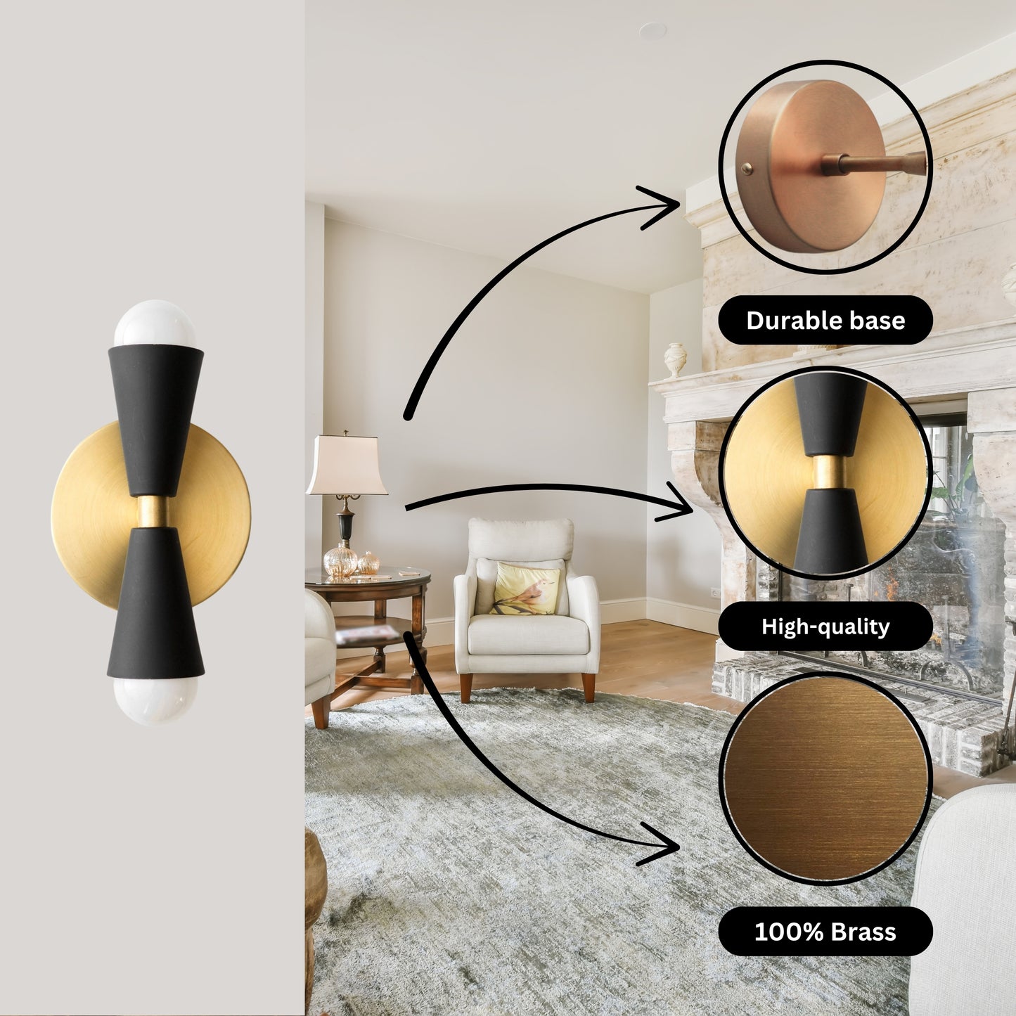 Mid Century Modern Brass Wall Sconce – Handmade Double Cone Light Fixture