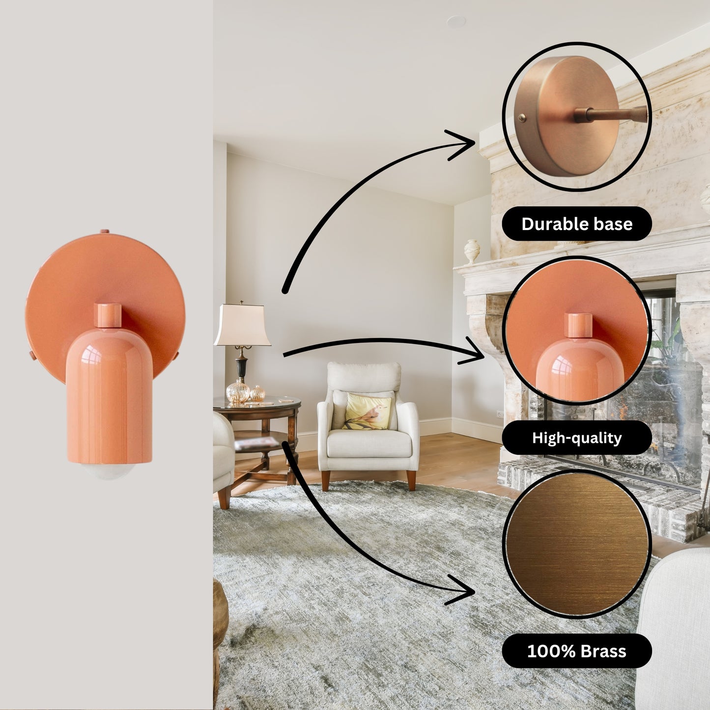 Peach Capsule Brass Wall Sconce – Mid Century Modern Vintage Wall Light Fixture
