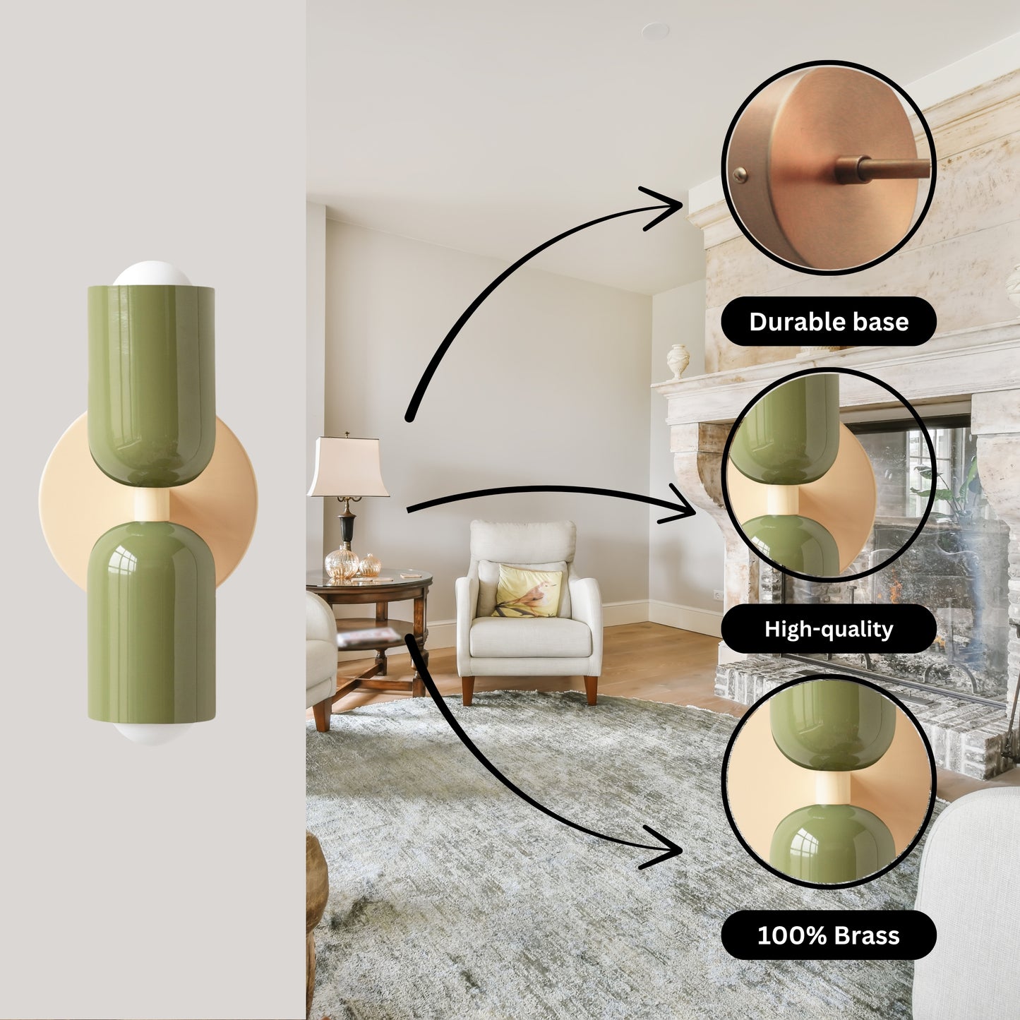 Olive Green & Cream Up & Down Brass Wall Sconce – Mid-Century Modern Light Fixture
