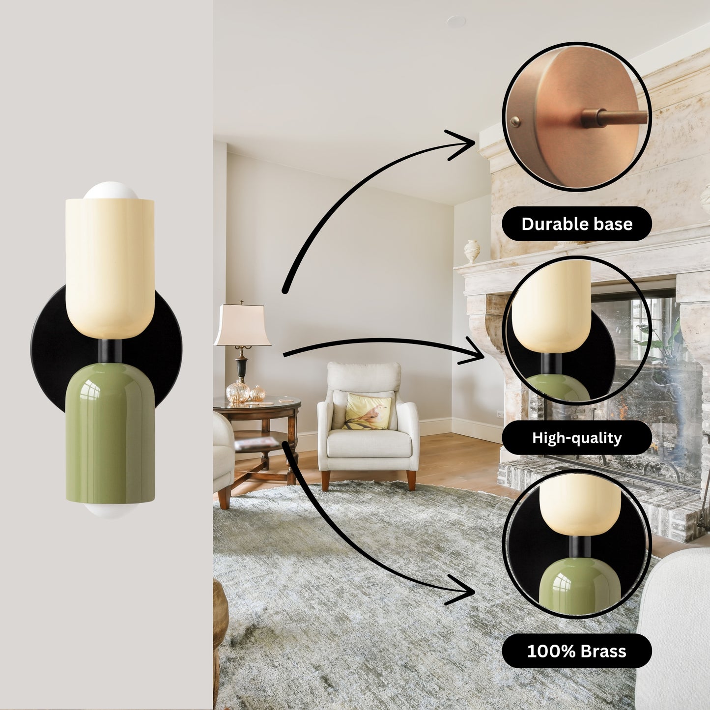 White-Green & Black Up & Down Brass Wall Sconce – Mid-Century Modern Light Fixture