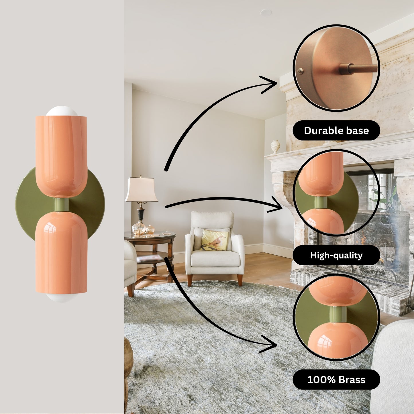 Peach & Olive Green Up & Down Brass Wall Sconce – Mid-Century Modern Light Fixture