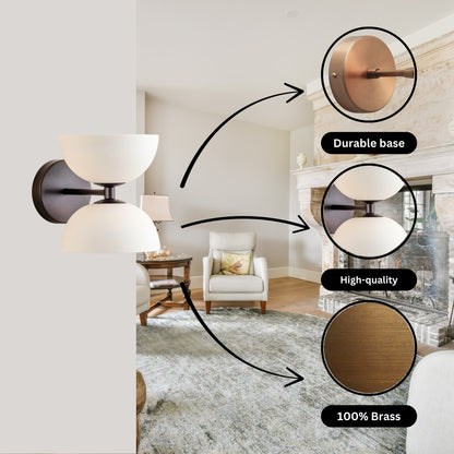 White & Black Double Globe Vintage Light - Mid Century Modern Brass Wall Sconce