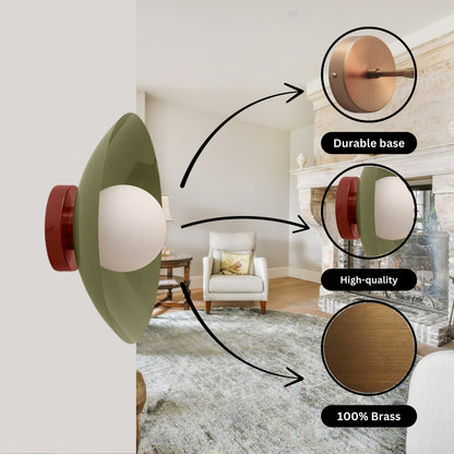 Olive Green & Red Dome Brass Wall Sconce – Mid-Century Modern Vintage Light