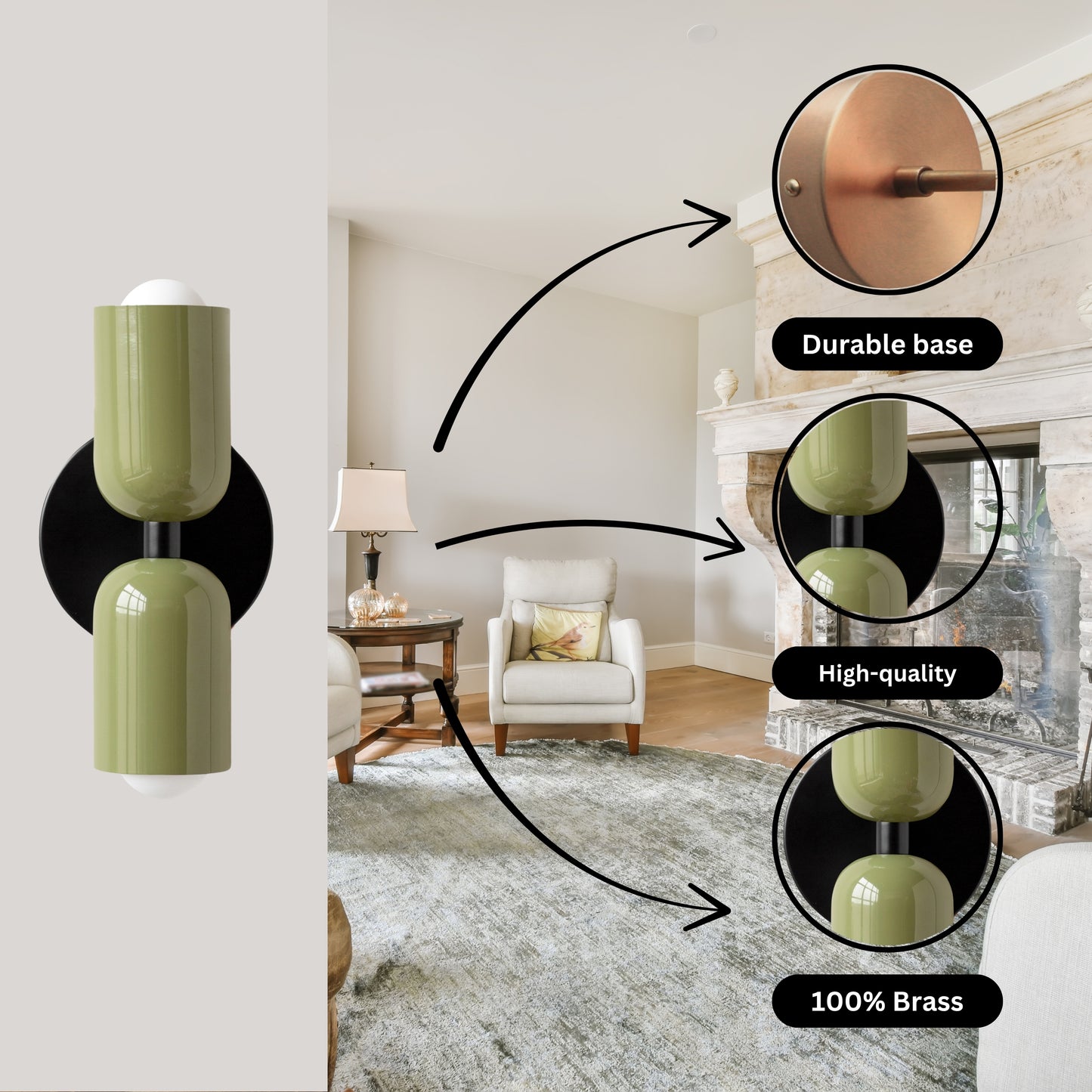 Olive Green & Black Up & Down Brass Wall Sconce – Mid-Century Modern Light Fixture