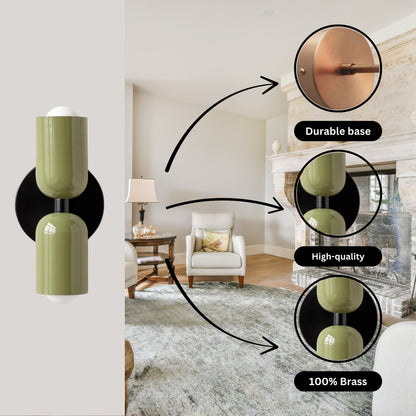 Olive Green & Black Up & Down Brass Wall Sconce – Mid-Century Modern Light Fixture