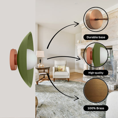 Olive Green & Peach Dome Brass Wall Sconce – Mid-Century Modern Vintage Light