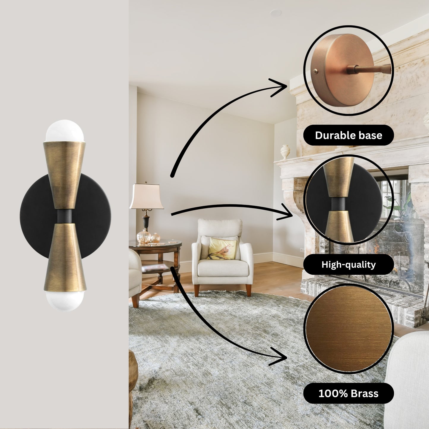 Mid Century Modern Brass Wall Sconce – Handmade Double Cone Light Fixture