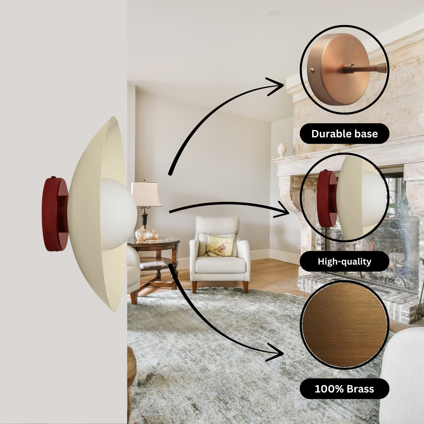 Cream & Red Dome Brass Wall Sconce – Mid-Century Modern Vintage Light