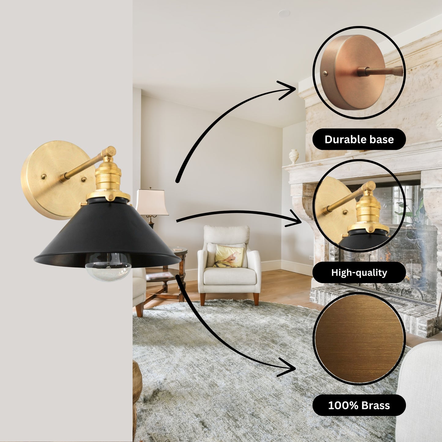 Handmade Brass Wall Sconce – Mid Century Modern Black & Polish Cone Light