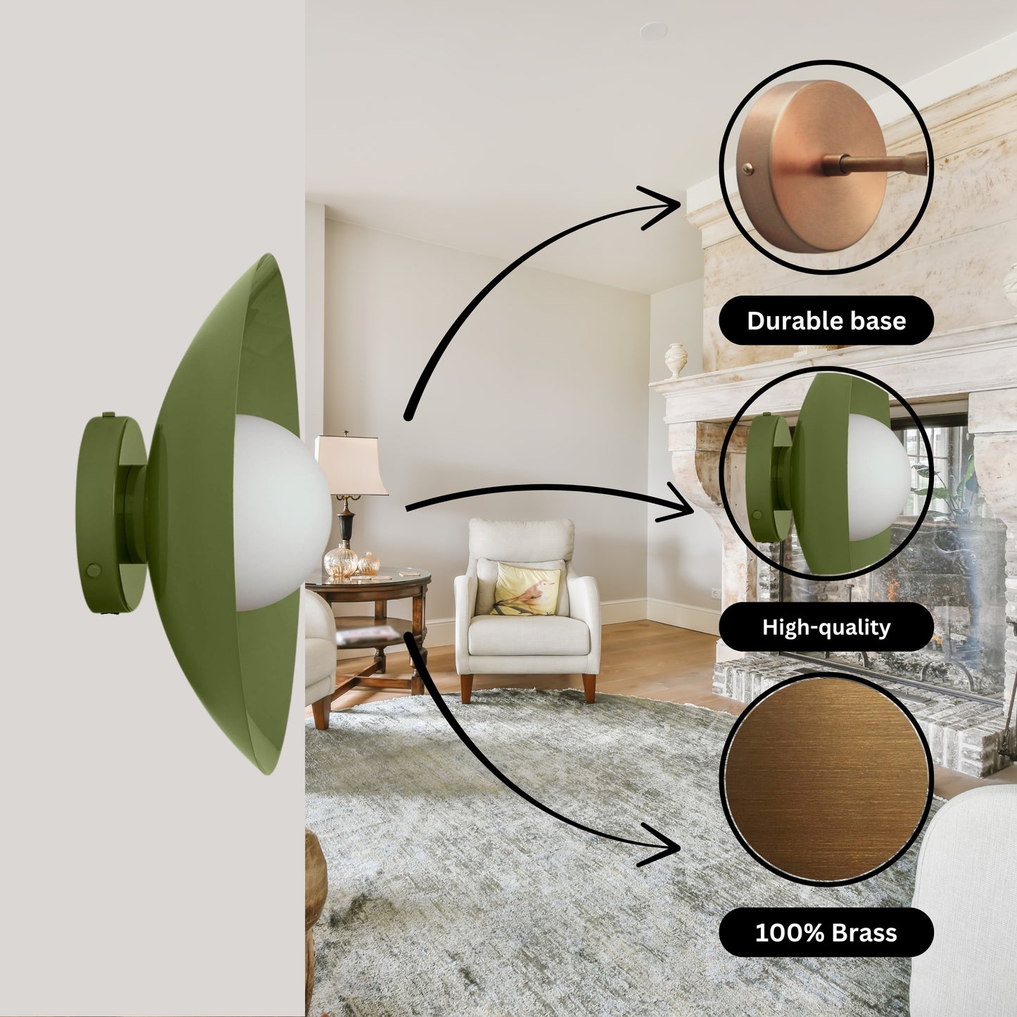 Olive Green Dome Brass Wall Sconce – Mid-Century Modern Vintage Light