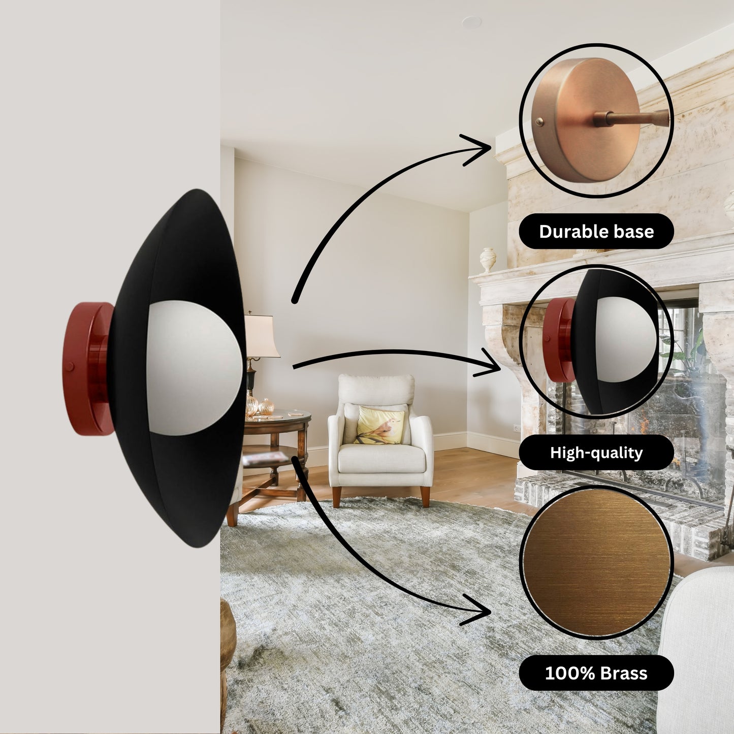 Black & Red Dome Brass Wall Sconce – Mid-Century Modern Vintage Light