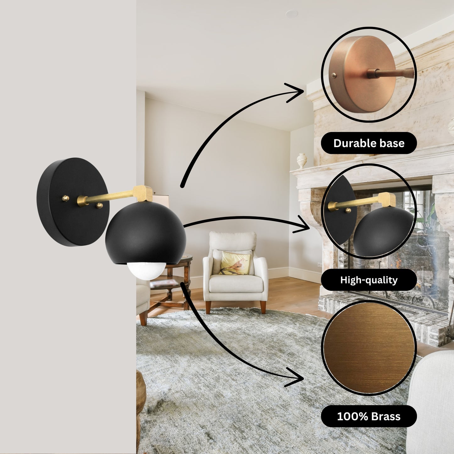Handmade Brass Wall Sconce – Mid Century Modern Black Dome Light Fixture