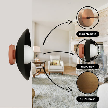 Black & Peach Dome Brass Wall Sconce – Mid-Century Modern Vintage Light