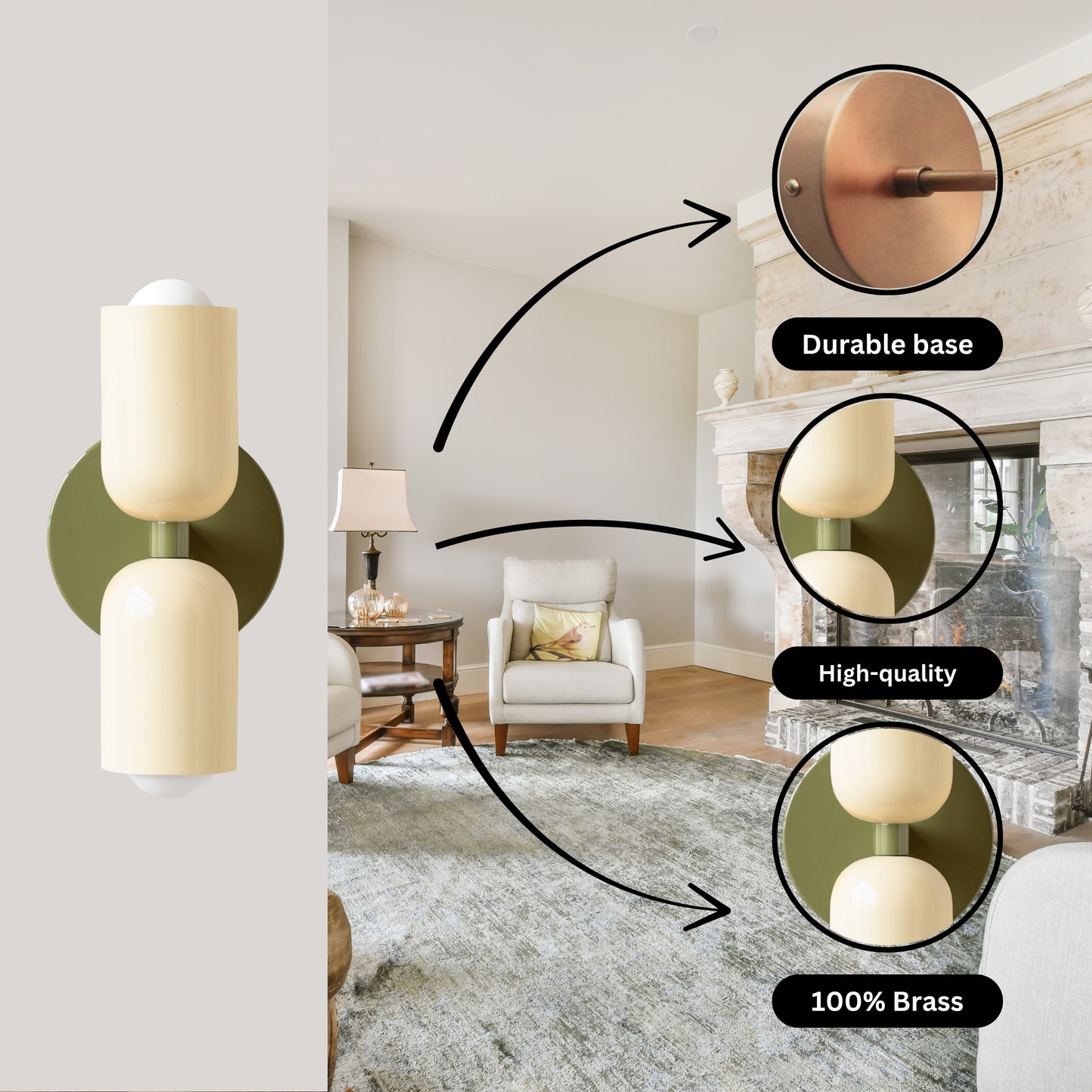 Cream & Olive Green Up & Down Brass Wall Sconce – Mid-Century Modern Light Fixture
