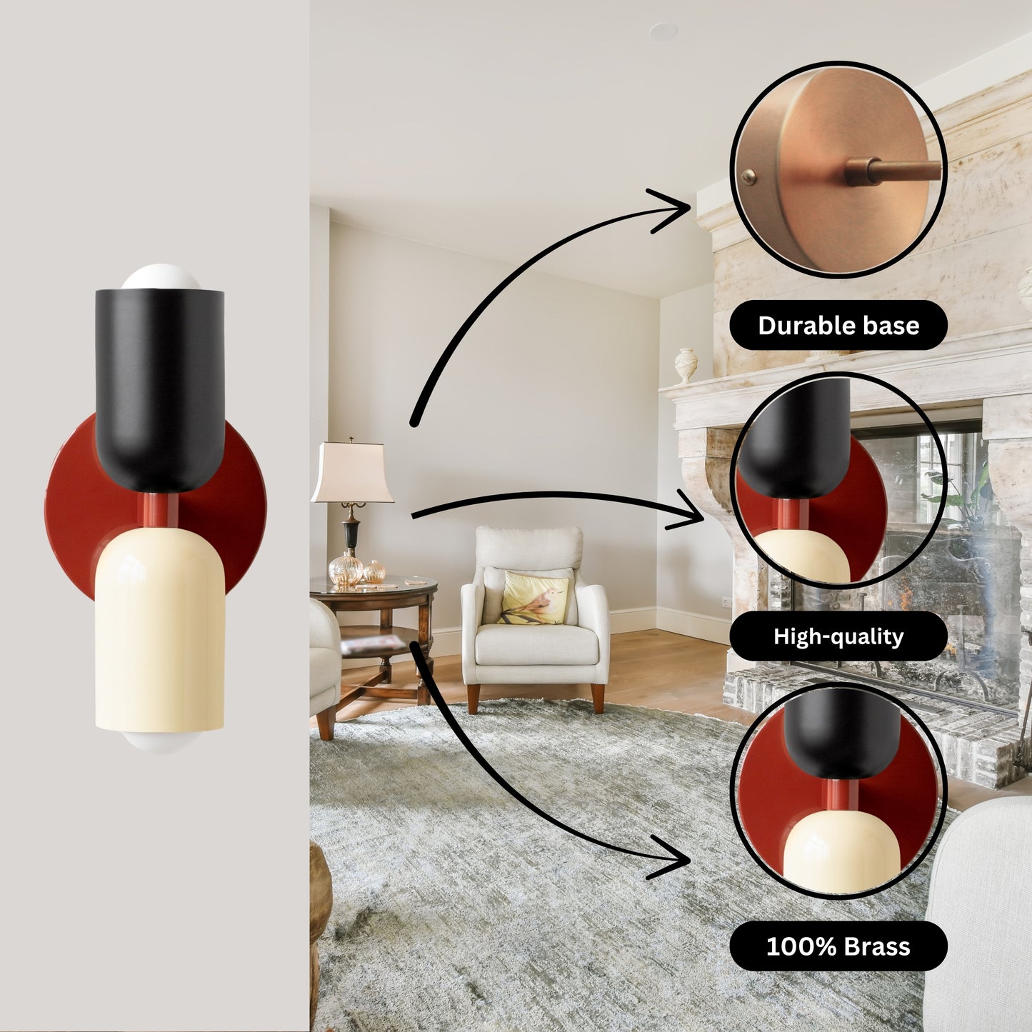 Black-White & Red Up & Down Brass Wall Sconce – Mid-Century Modern Light Fixture