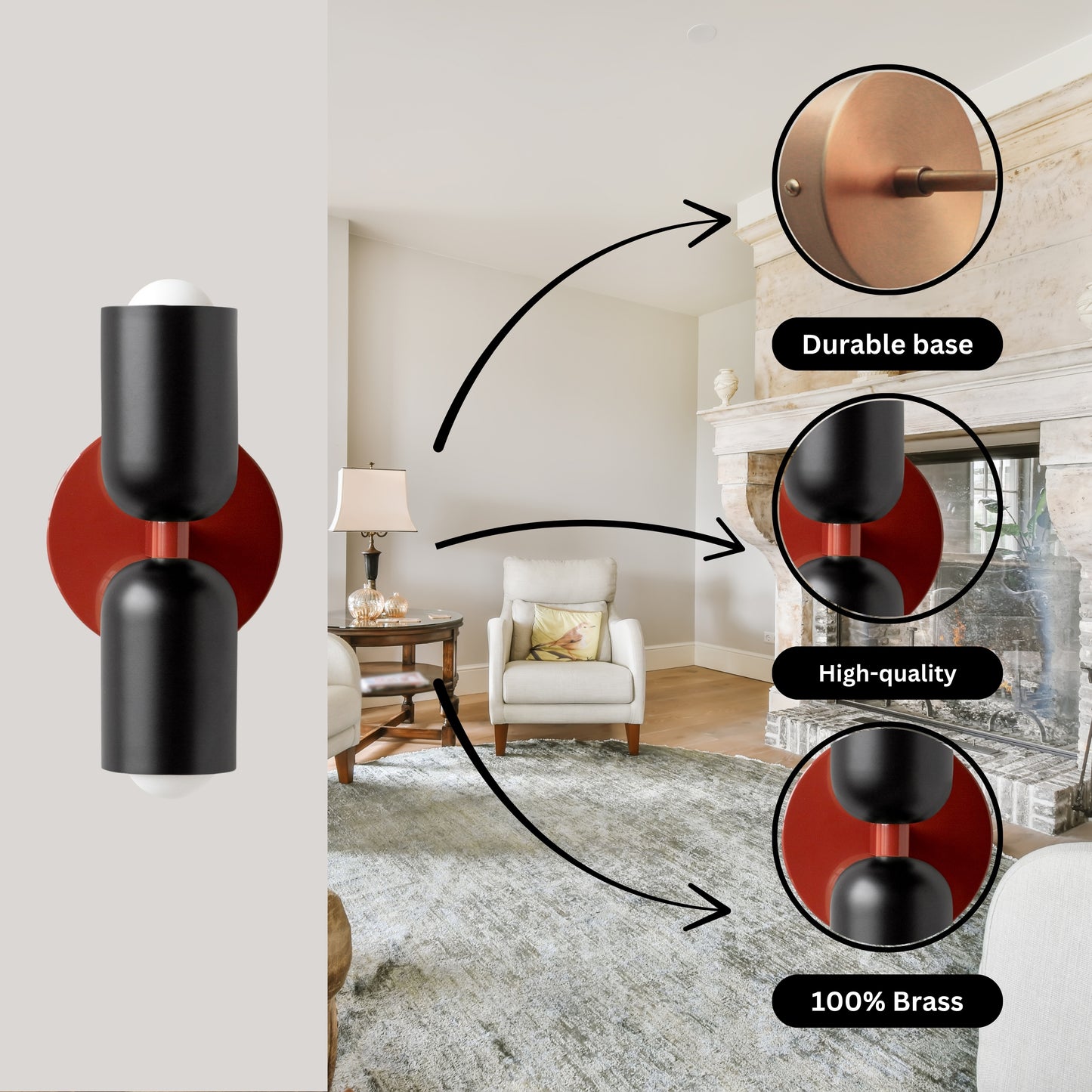 Black & Red Up & Down Brass Wall Sconce – Mid-Century Modern Light Fixture