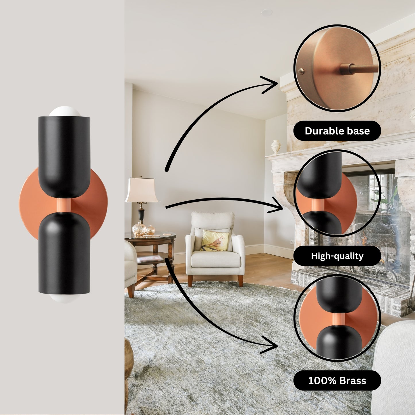 Black & Peach Up & Down Brass Wall Sconce – Mid-Century Modern Light Fixture