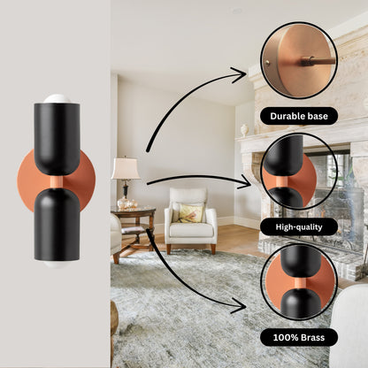 Black & Peach Up & Down Brass Wall Sconce – Mid-Century Modern Light Fixture