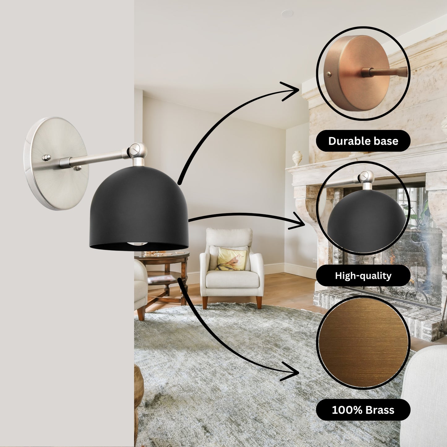 Mid Century Brass Wall Sconce – Handmade Black & Silver Dome Light Fixture