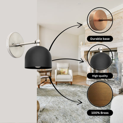 Mid Century Brass Wall Sconce – Handmade Black & Silver Dome Light Fixture