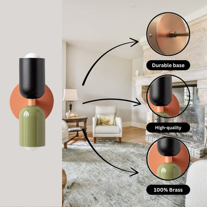 Black-Green & Peach Up & Down Brass Wall Sconce – Mid-Century Modern Light Fixture