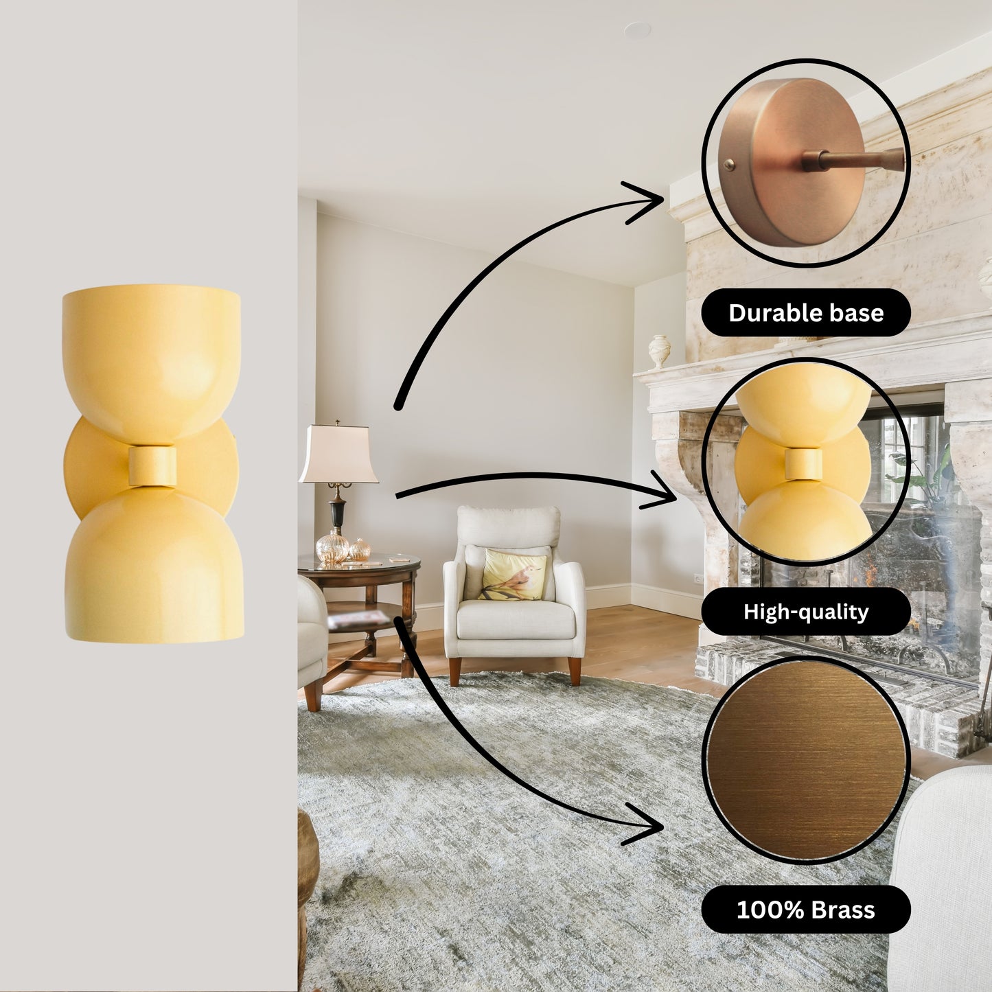 Mid Century Modern Yellow Brass Wall Sconce – Handmade Double Shade Light
