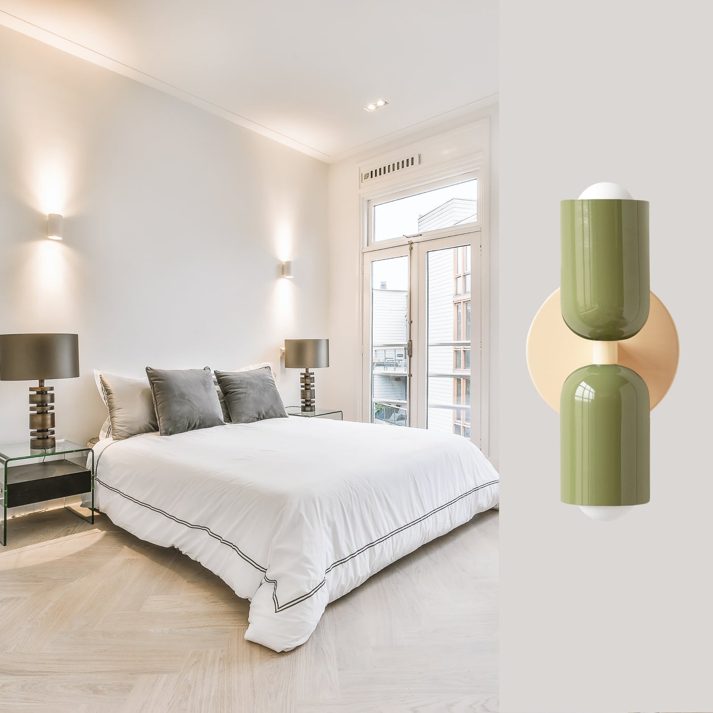 Olive Green & Cream Up & Down Brass Wall Sconce – Mid-Century Modern Light Fixture