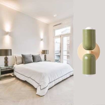 Olive Green & Cream Up & Down Brass Wall Sconce – Mid-Century Modern Light Fixture