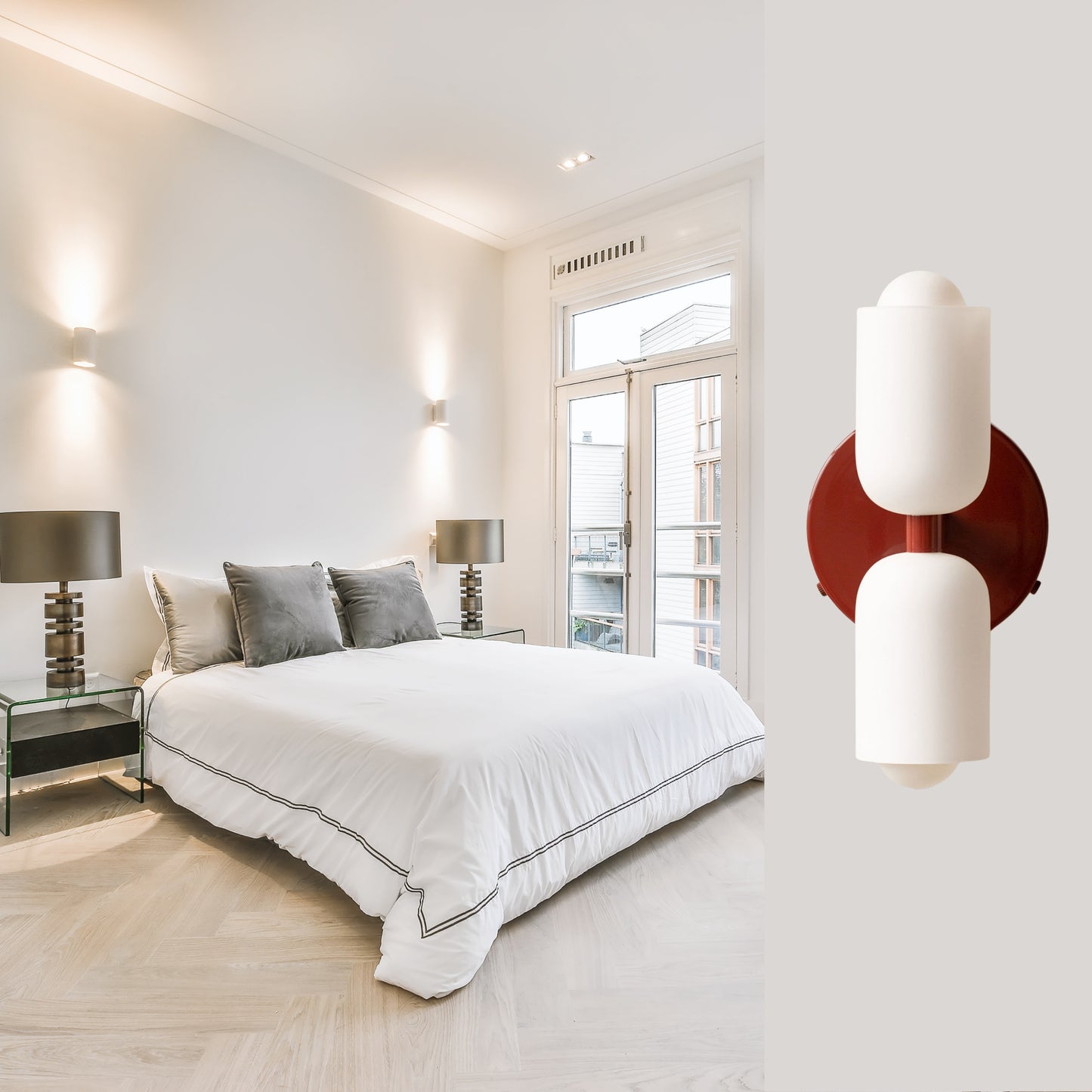White & Red Up & Down Brass Wall Sconce – Mid-Century Modern Light Fixture
