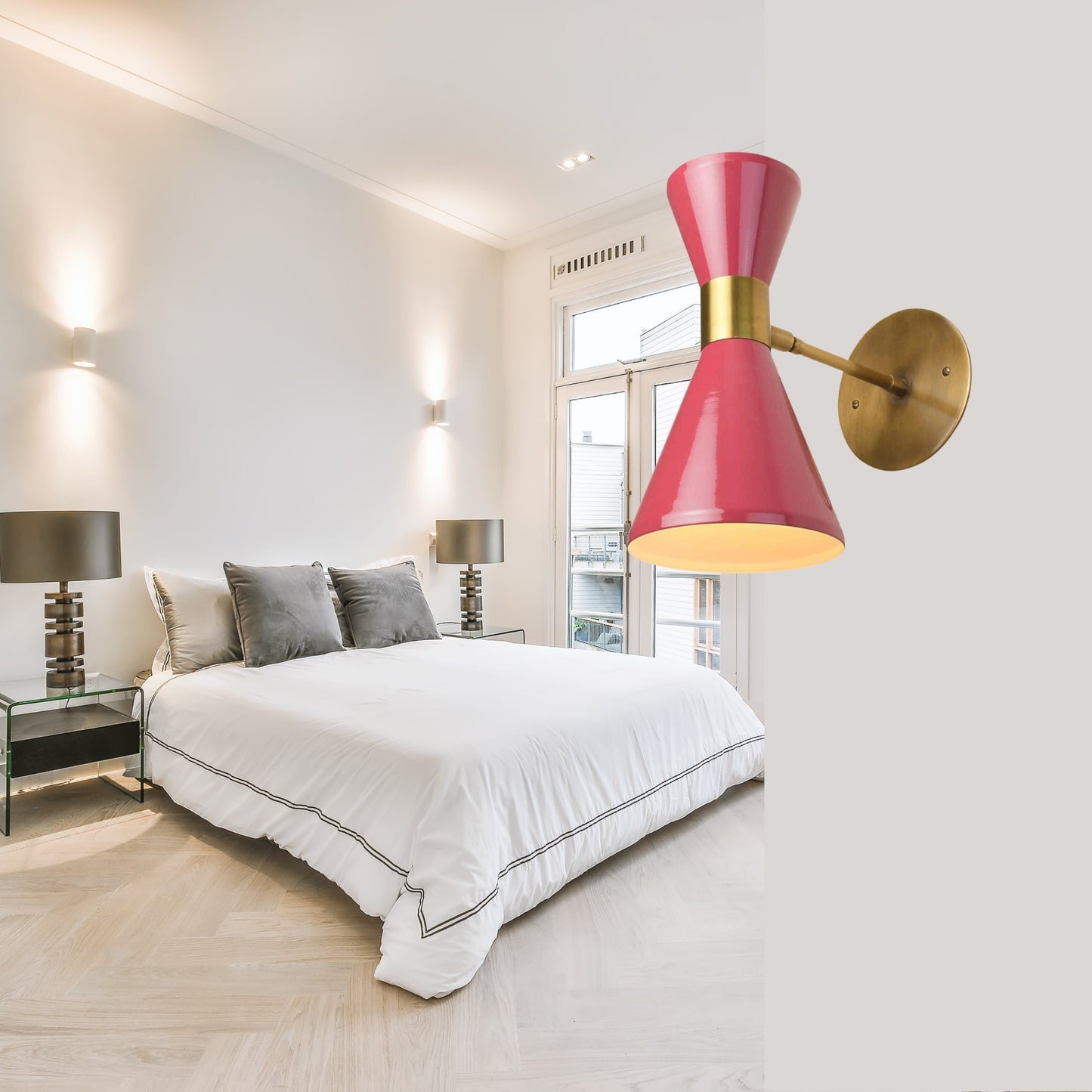 Pink Double Cone Vintage Wall Light - Mid-Century Modern Brass Wall Sconce