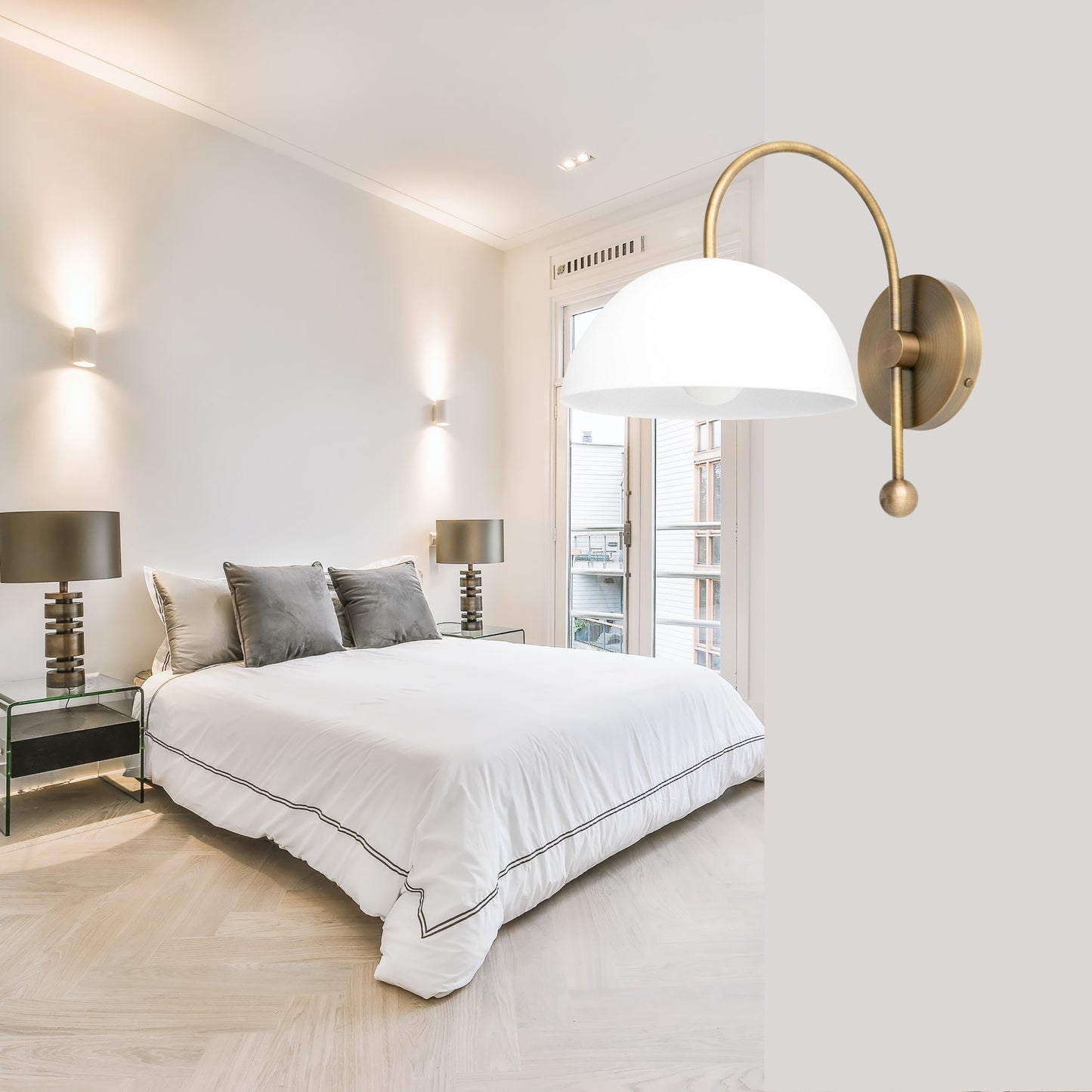 Mid Century Brass Wall Sconce – White Dome Shade Vintage Light Fixture