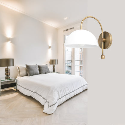 Mid Century Brass Wall Sconce – White Dome Shade Vintage Light Fixture