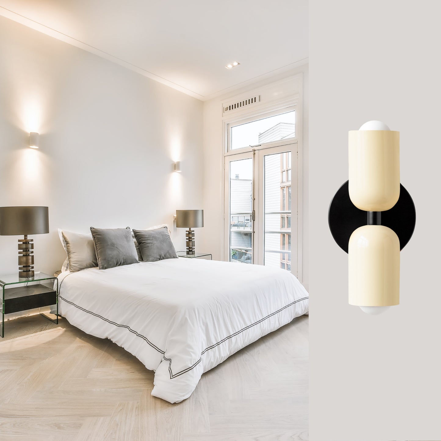 Cream & Black Up & Down Brass Wall Sconce – Mid-Century Modern Light Fixture