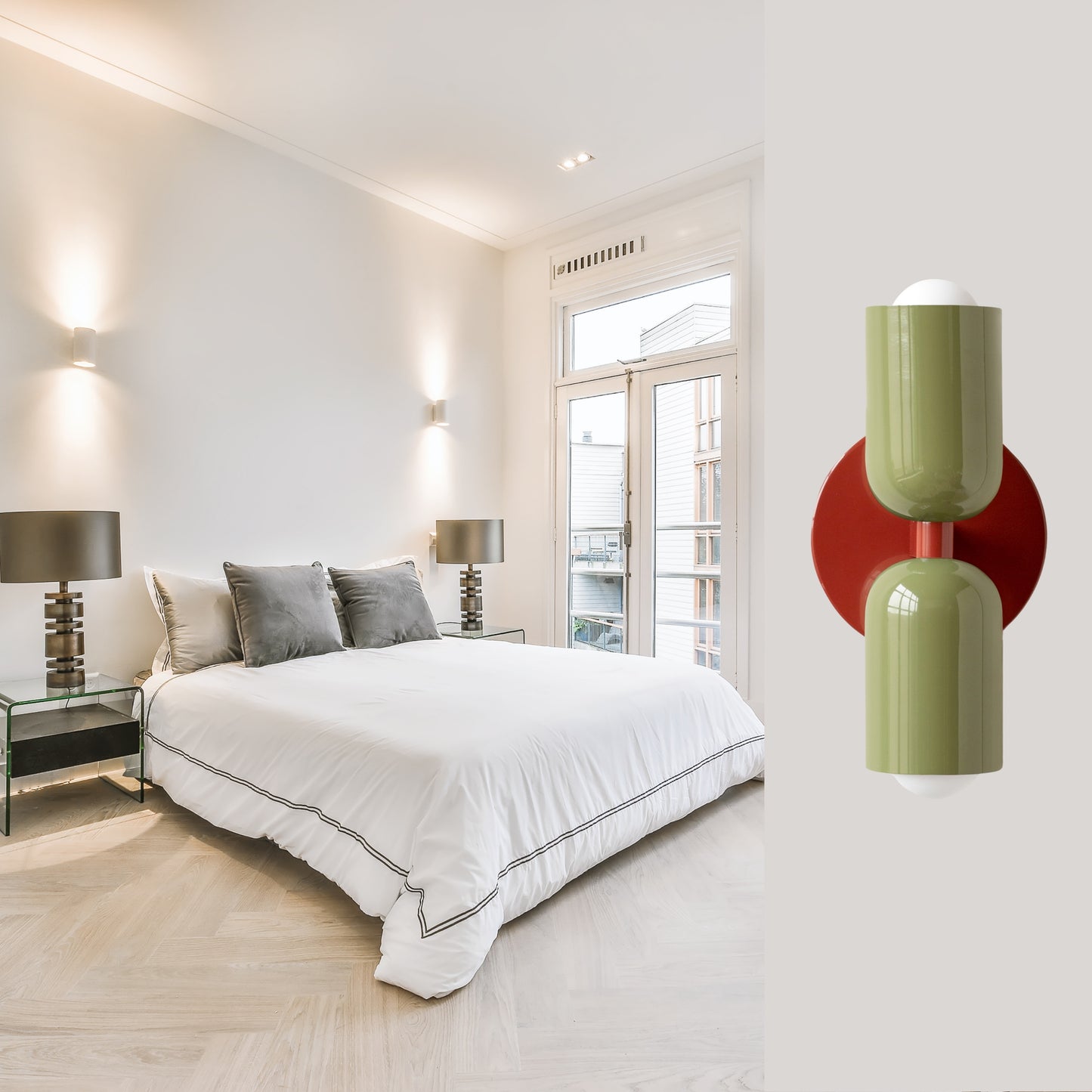 Olive Green & Red Up & Down Brass Wall Sconce – Mid-Century Modern Light Fixture