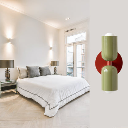 Olive Green & Red Up & Down Brass Wall Sconce – Mid-Century Modern Light Fixture