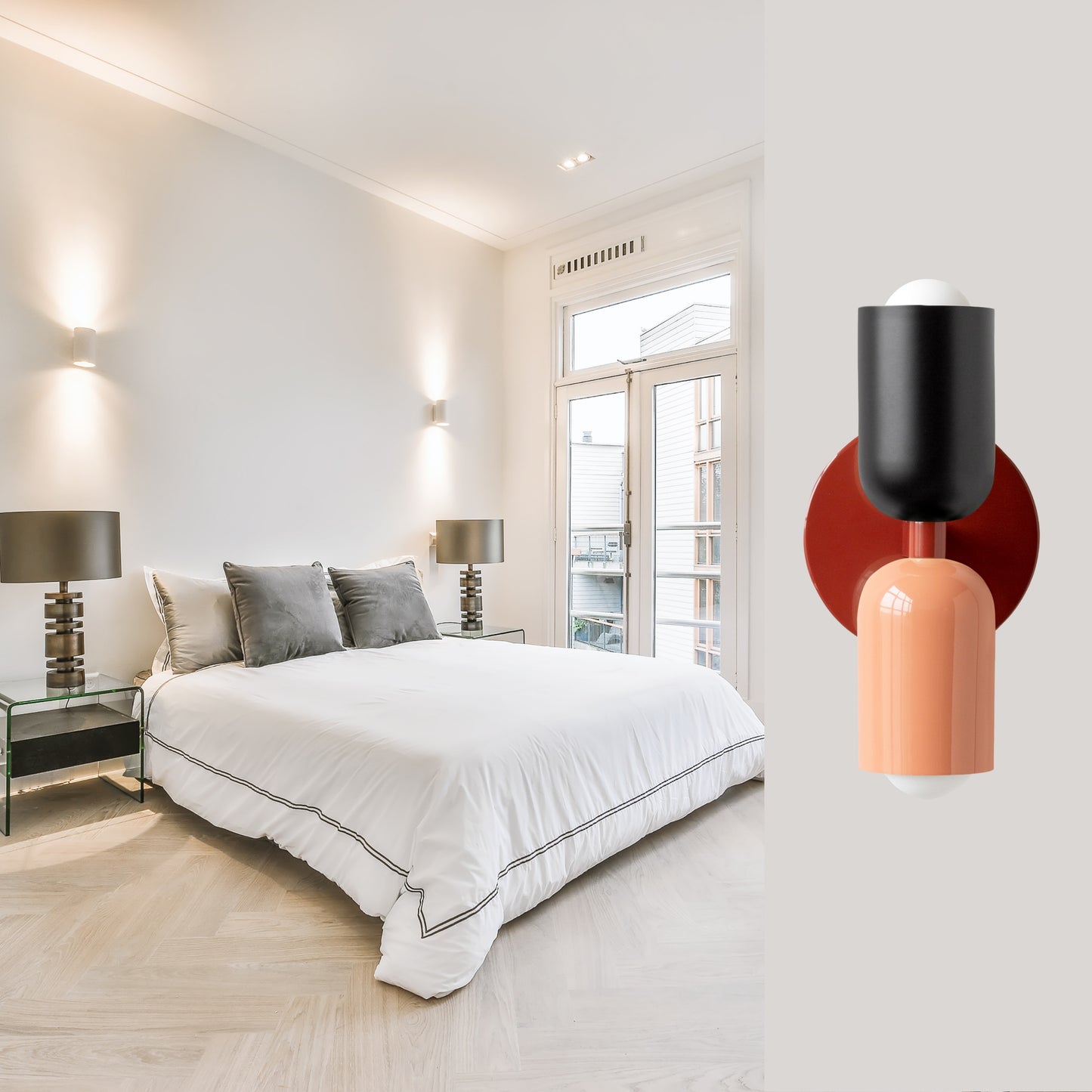 Black-Peach & Red Up & Down Brass Wall Sconce – Mid-Century Modern Light Fixture