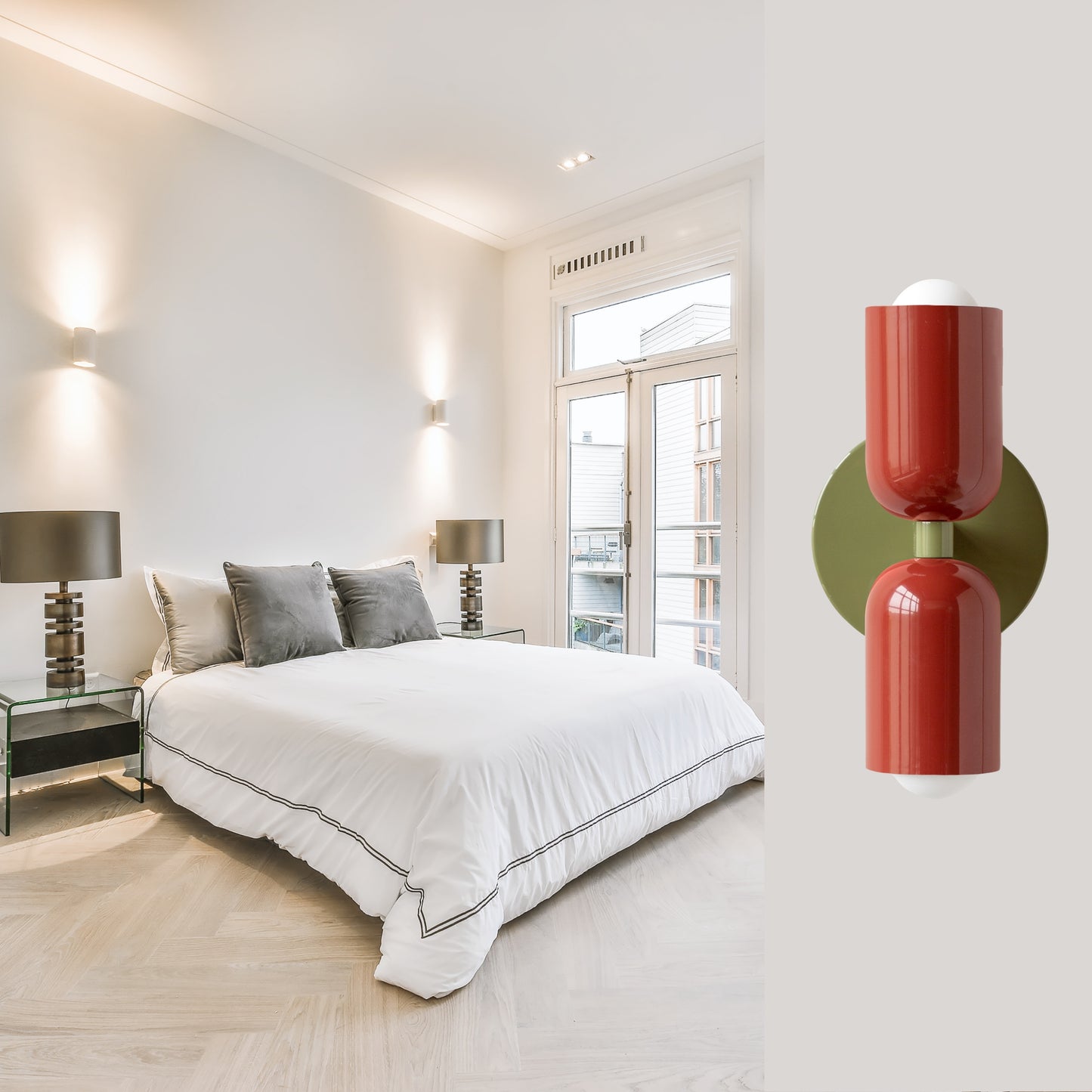Red & Olive Green Up & Down Brass Wall Sconce – Mid-Century Modern Light Fixture