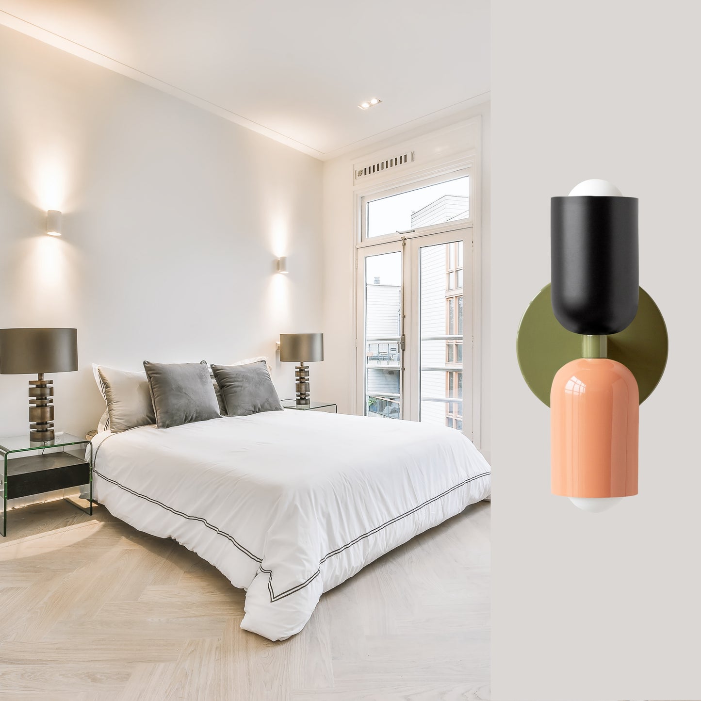 Black-Peach & Green Up & Down Brass Wall Sconce – Mid-Century Modern Light Fixture