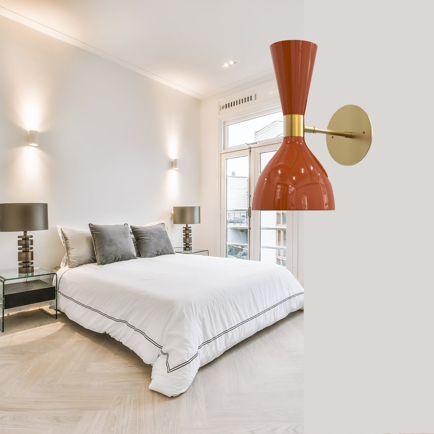 Orange Double Cone Vintage Wall Light - Mid-Century Modern Brass Wall Sconce