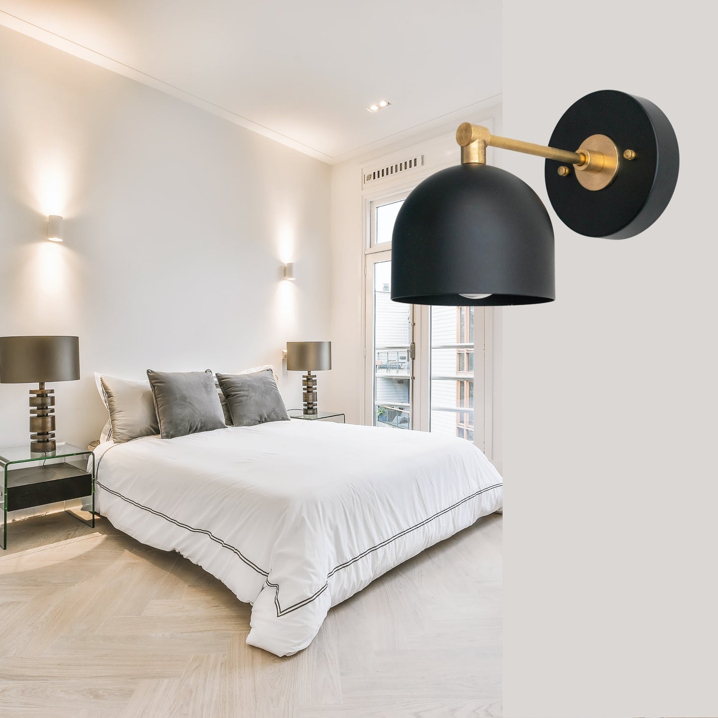 Modern Brass Wall Sconce – Mid Century Wall Light with Black Dome Shade