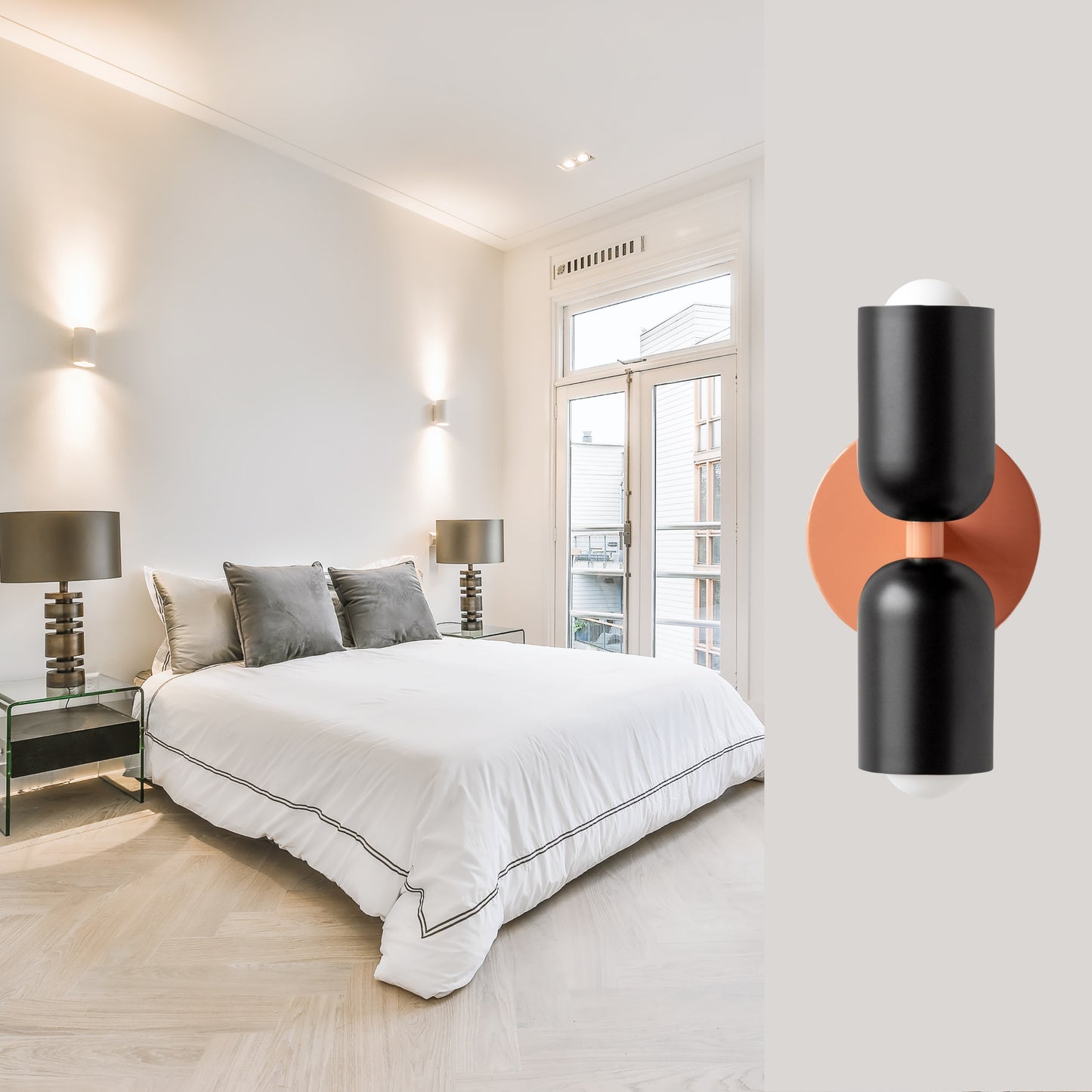 Black & Peach Up & Down Brass Wall Sconce – Mid-Century Modern Light Fixture