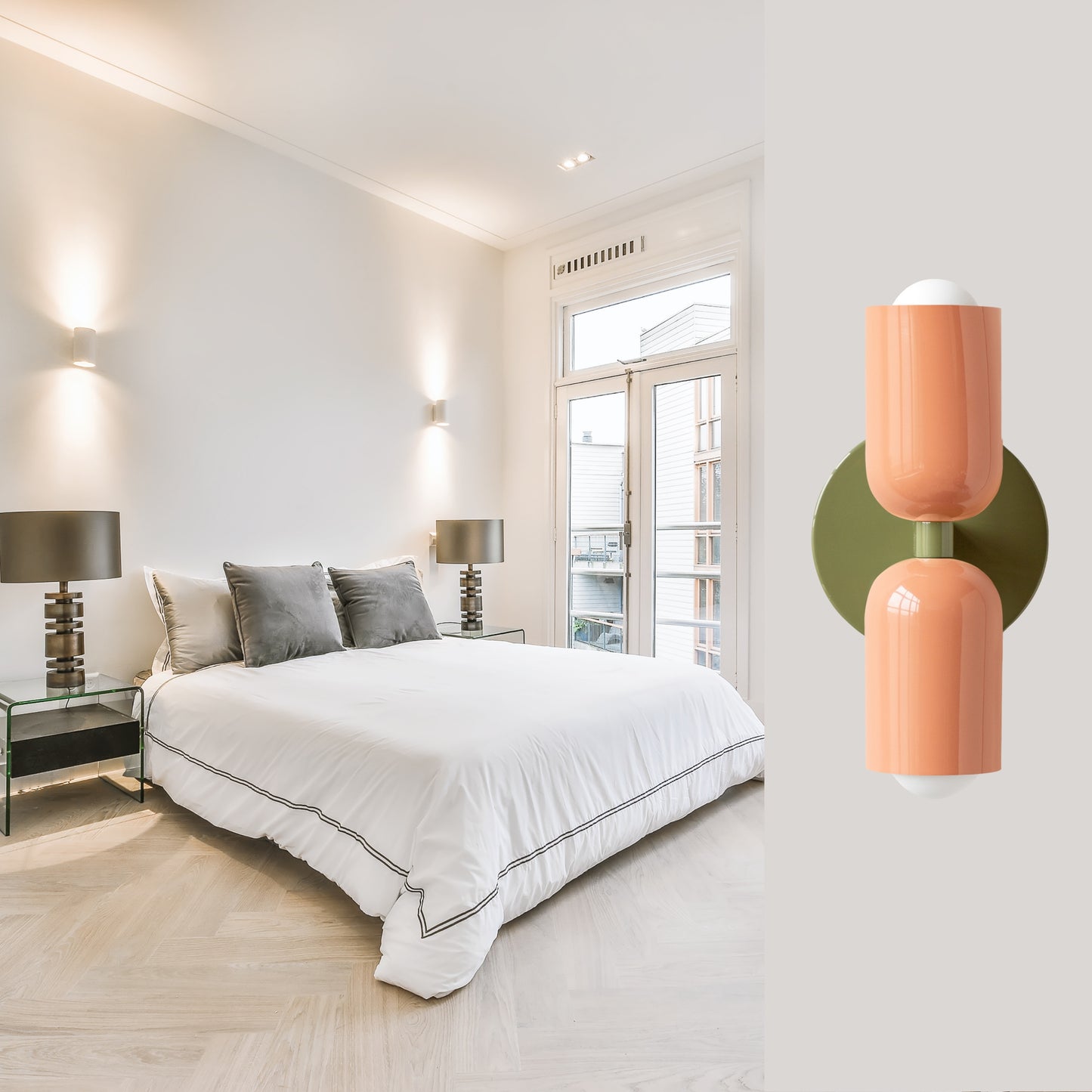 Peach & Olive Green Up & Down Brass Wall Sconce – Mid-Century Modern Light Fixture