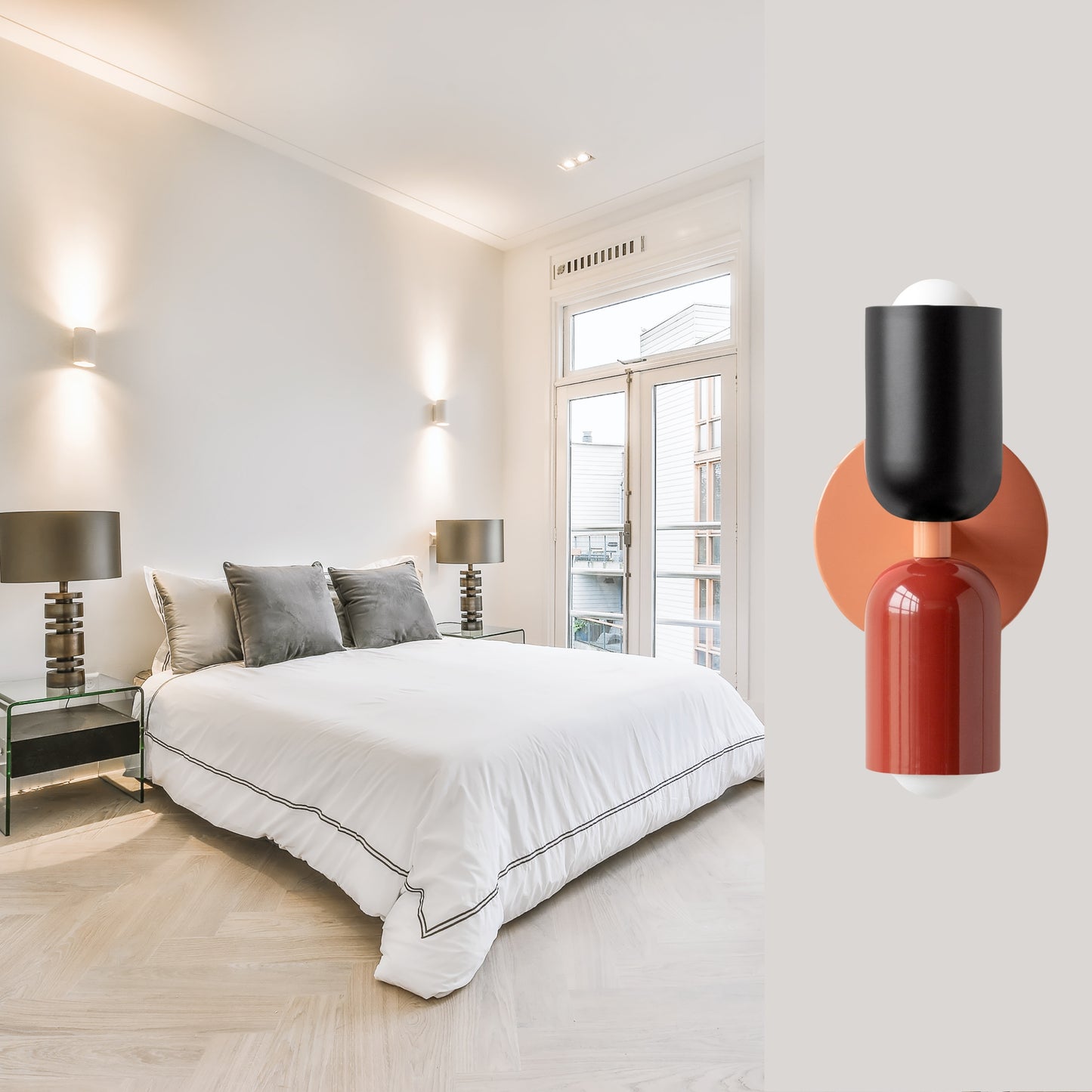 Black-Red & Peach Up & Down Brass Wall Sconce – Mid-Century Modern Light Fixture