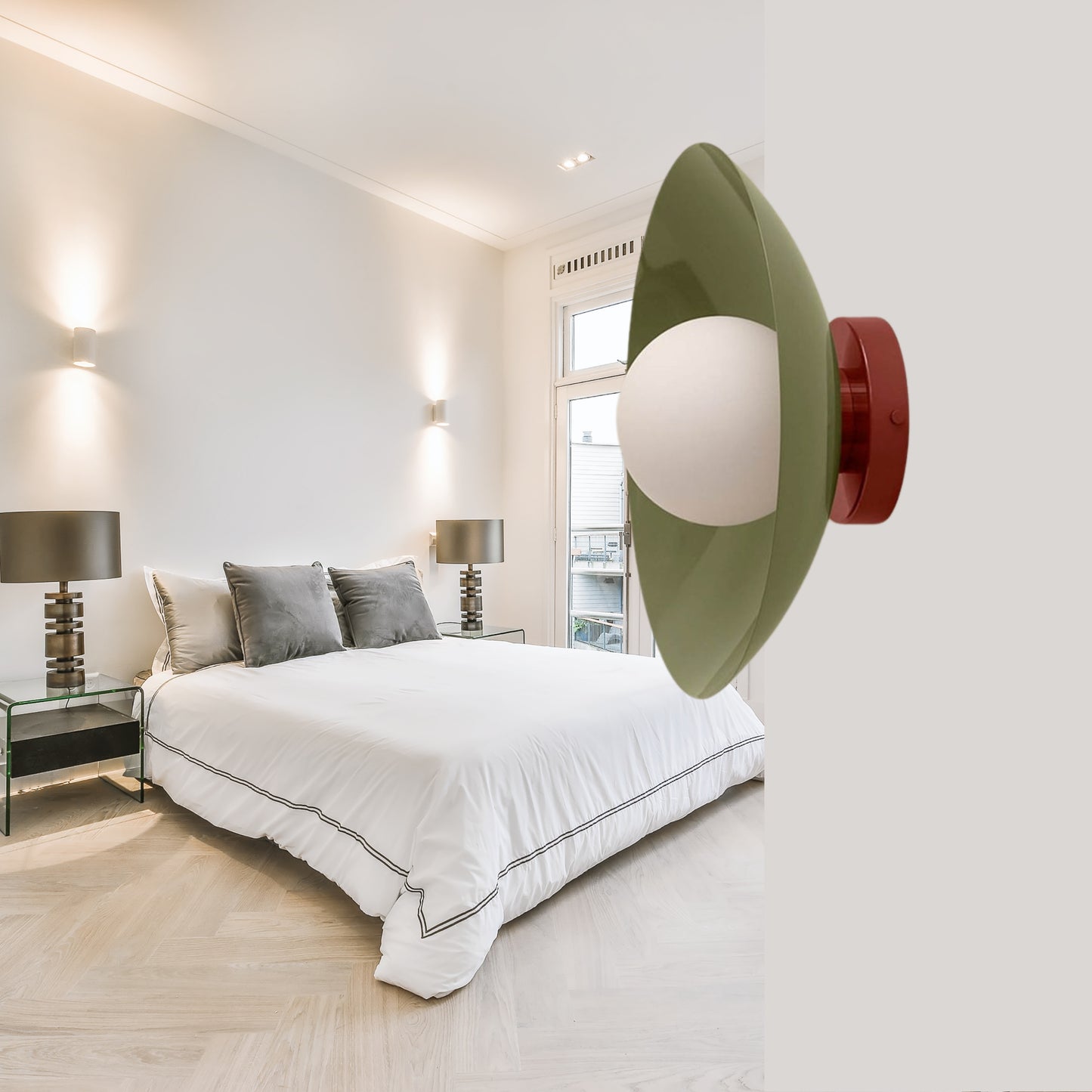 Olive Green & Red Dome Brass Wall Sconce – Mid-Century Modern Vintage Light