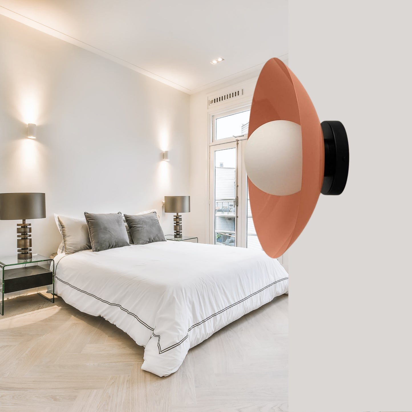 Peach & Black Dome Brass Wall Sconce – Mid-Century Modern Vintage Light