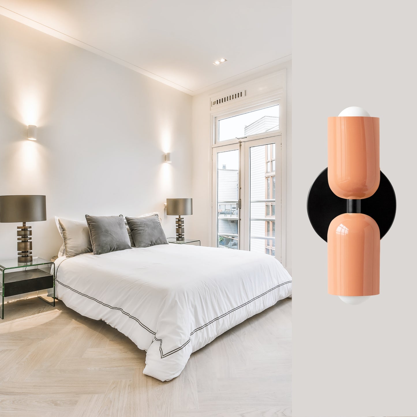 Peach & Black Up & Down Brass Wall Sconce – Mid-Century Modern Light Fixture