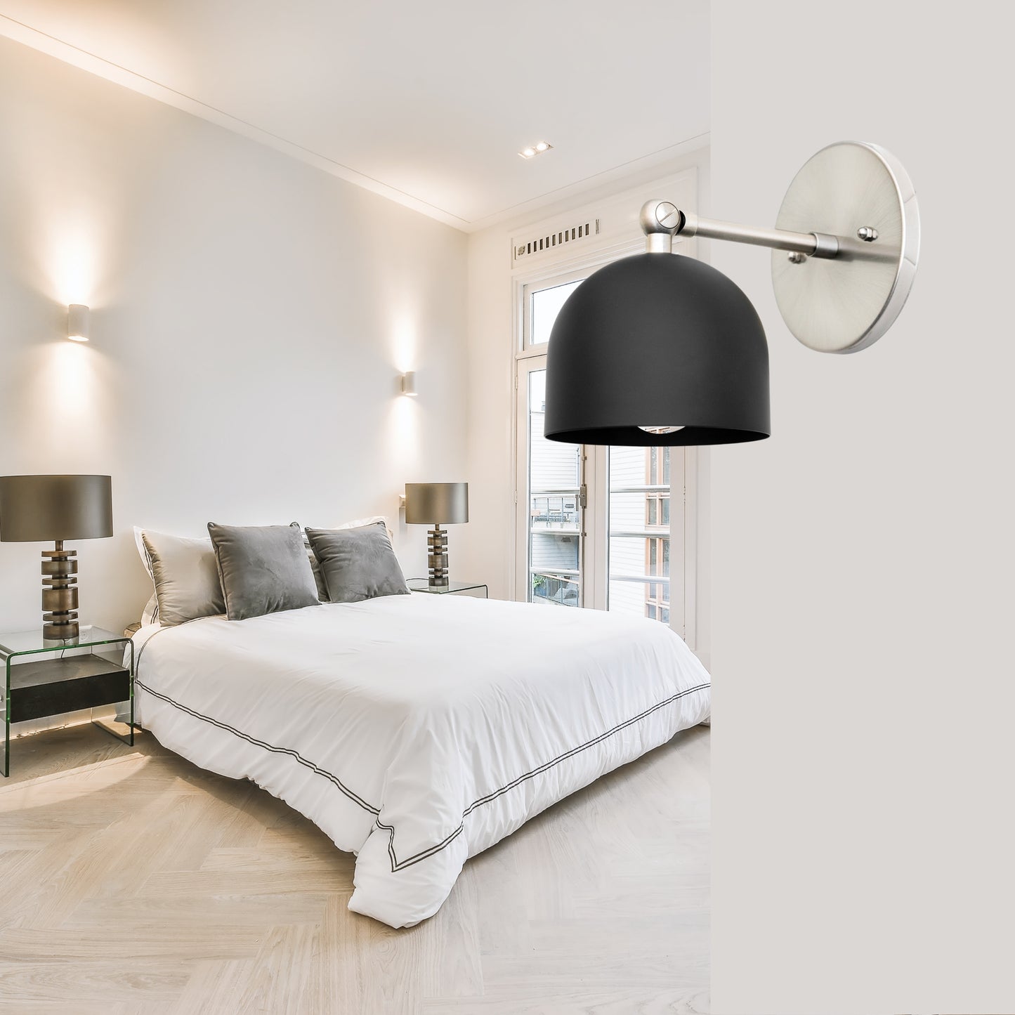 Mid Century Brass Wall Sconce – Handmade Black & Silver Dome Light Fixture
